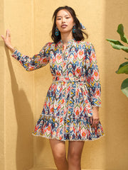 Women White Multi Ikat Short Shirt Dress-SFDRSS12779