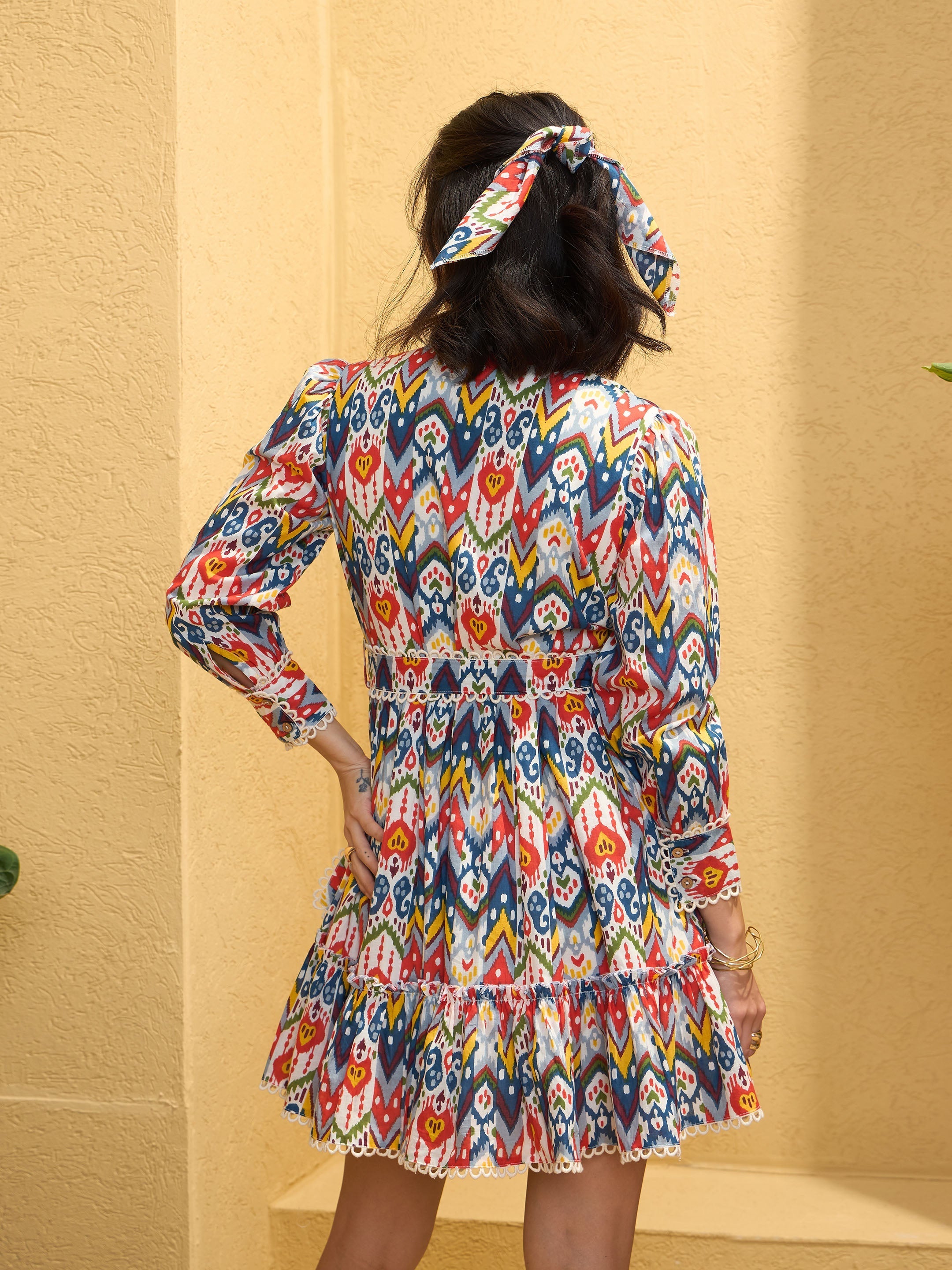 Women White Multi Ikat Short Shirt Dress-SFDRSS12779