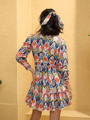 Women White Multi Ikat Short Shirt Dress-SFDRSS12779