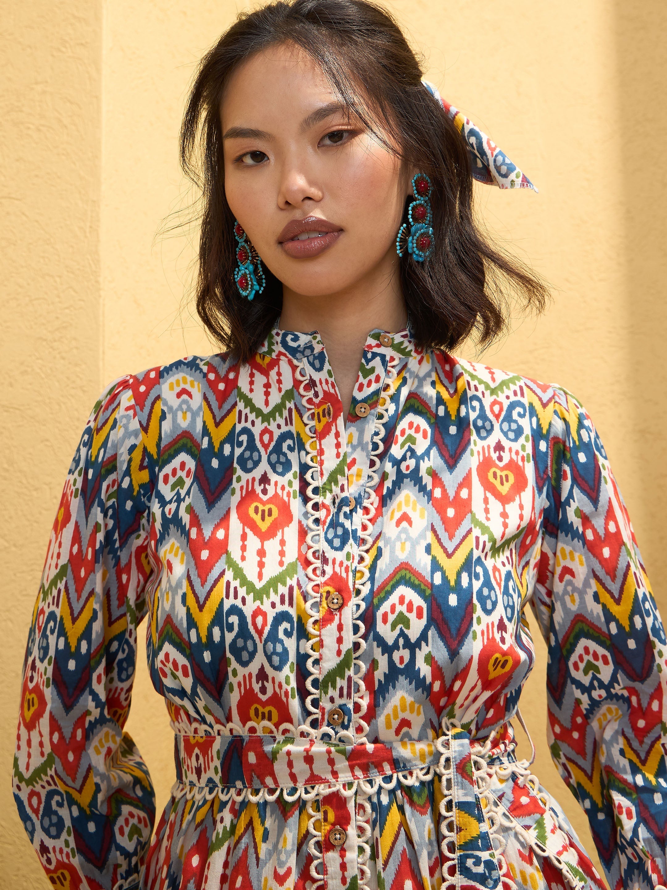 Women White Multi Ikat Short Shirt Dress-SFDRSS12779