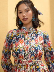 Women White Multi Ikat Short Shirt Dress-SFDRSS12779