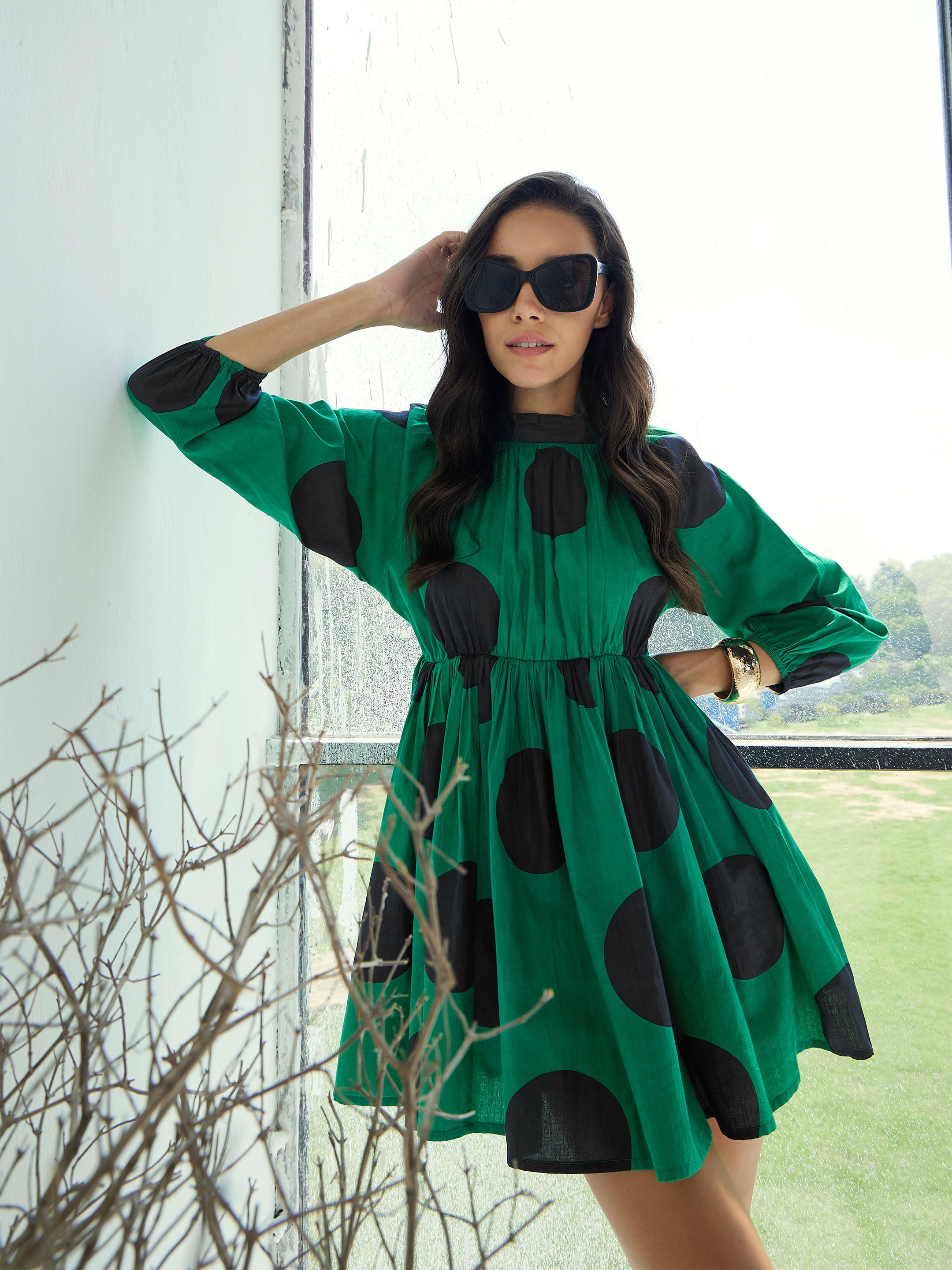Women Green Back Cut-Out Polka Dot Dress-SFDRSS12780