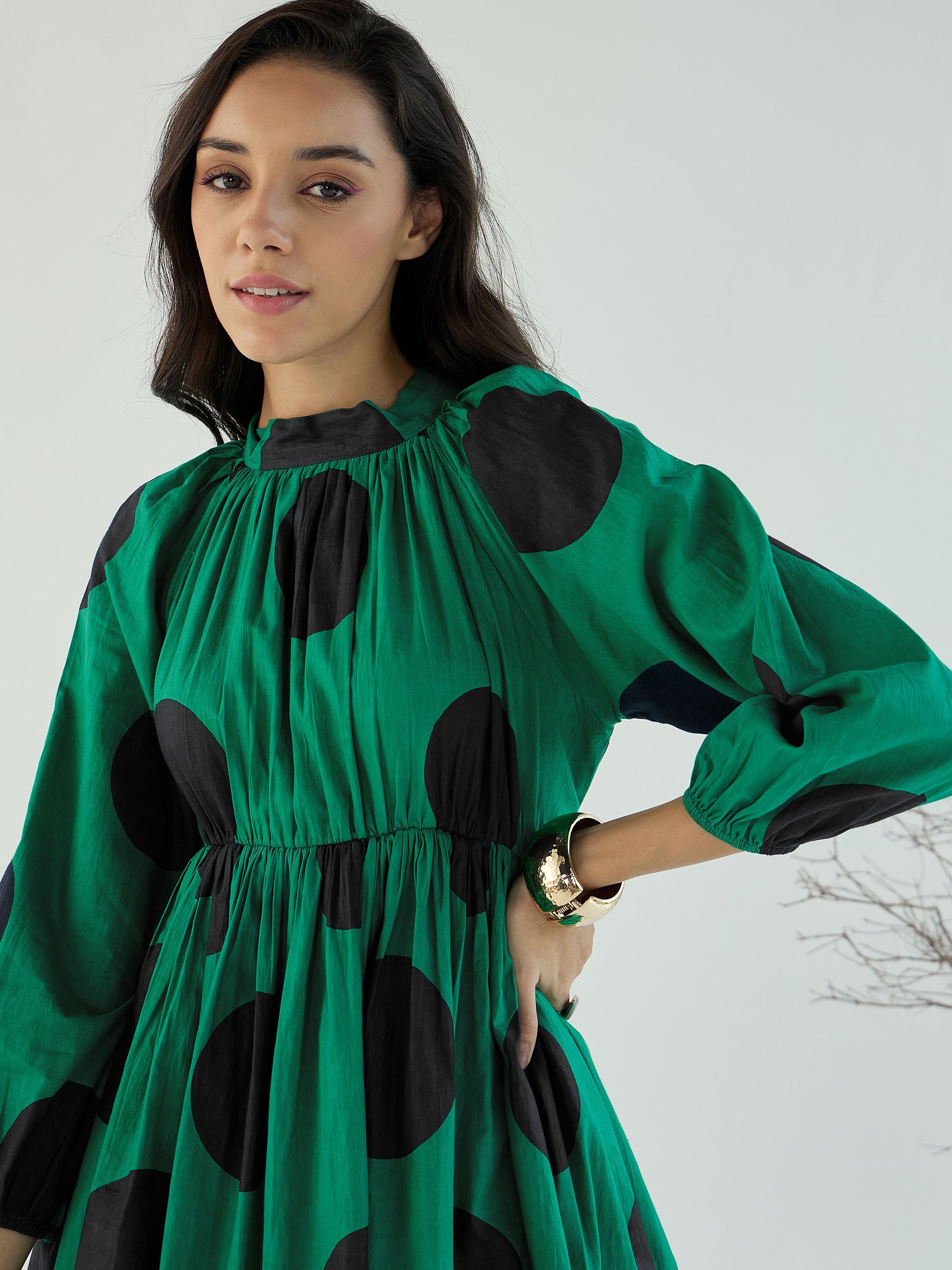 Women Green Back Cut-Out Polka Dot Dress-SFDRSS12780