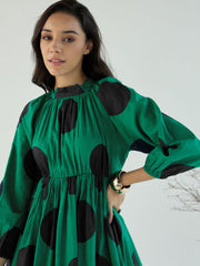 Women Green Back Cut-Out Polka Dot Dress-SFDRSS12780