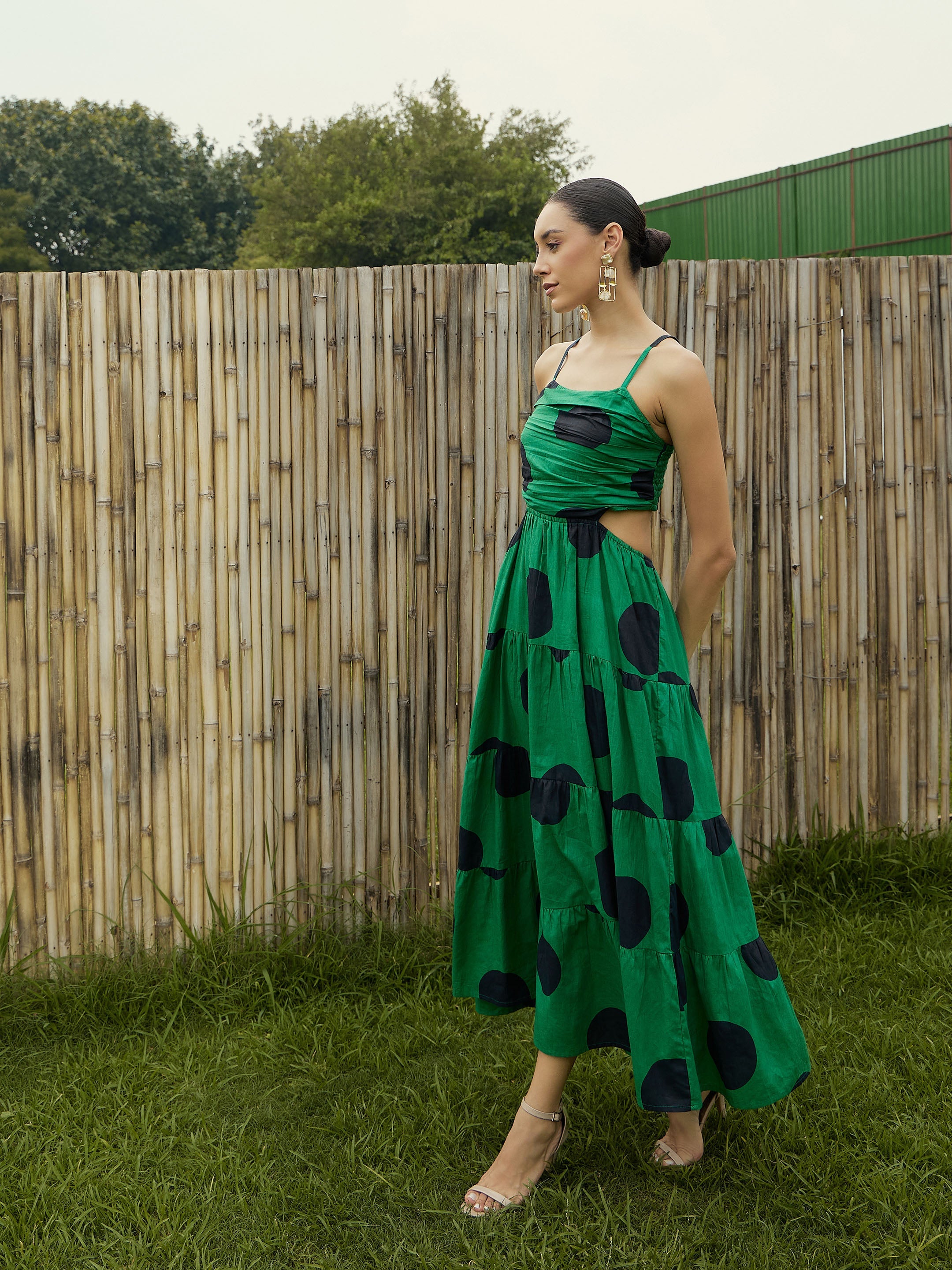 Women Green Strappy Back Cut-Out Polka Maxi-SFDRSS12782