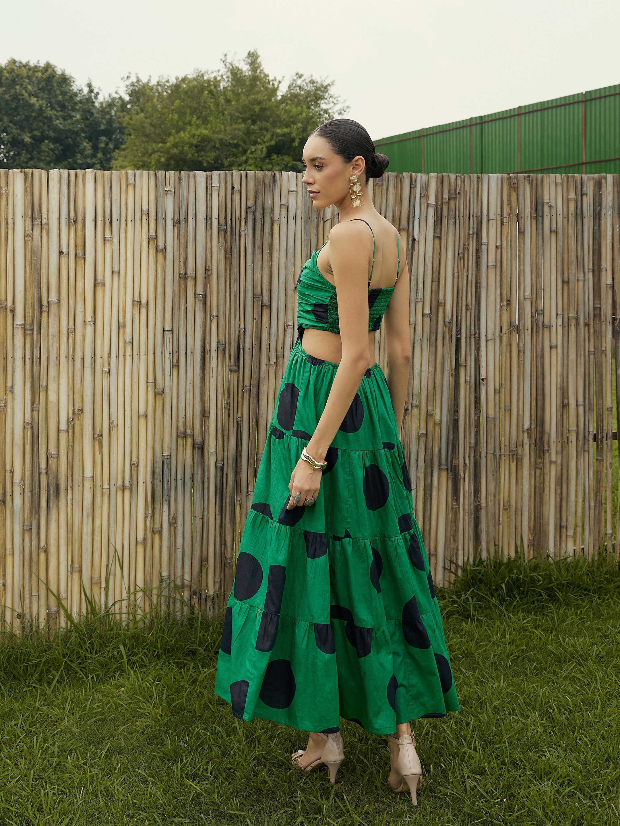 Women Green Strappy Back Cut-Out Polka Maxi-SFDRSS12782