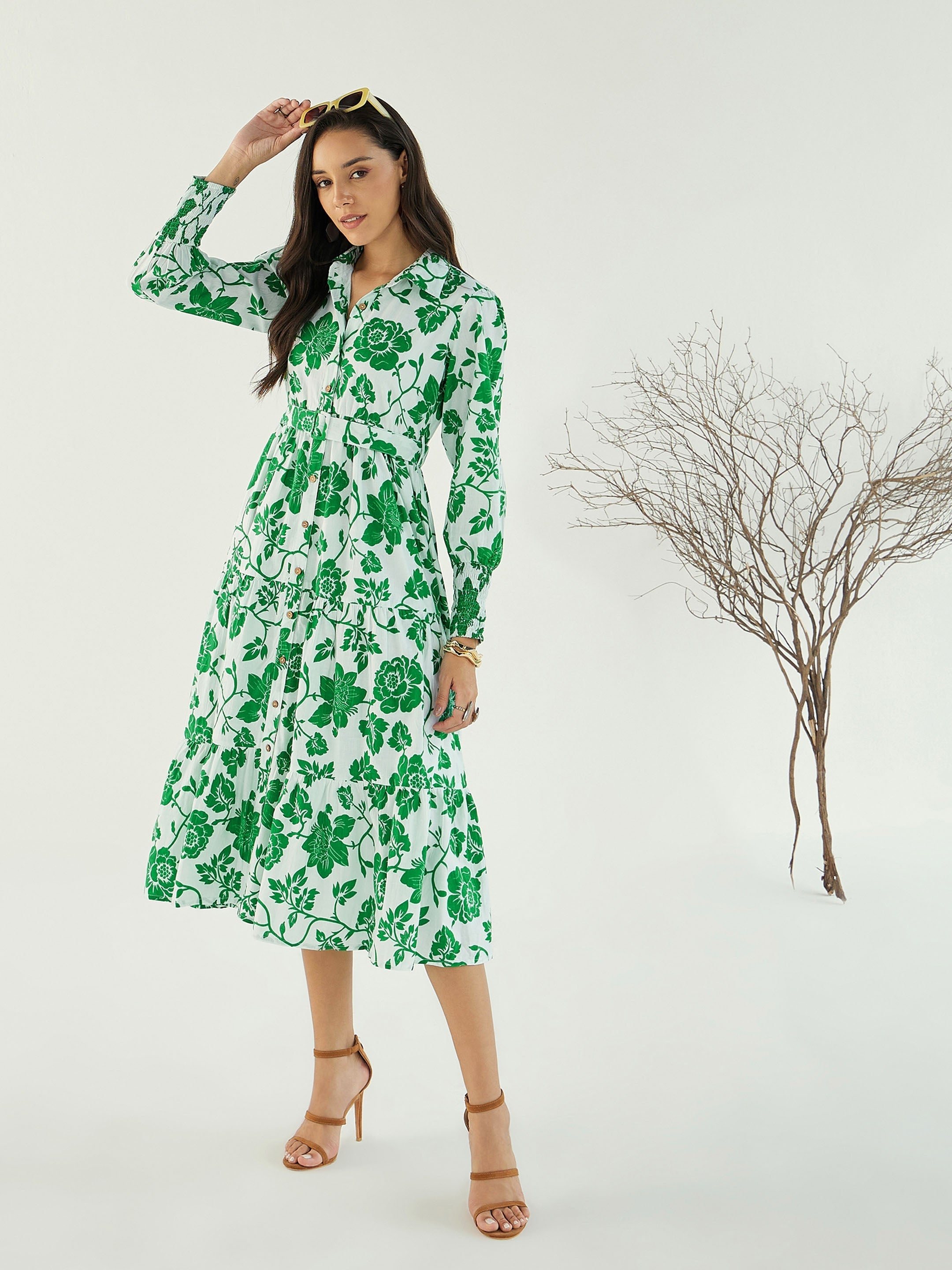 Women White & Green Floral Front-Button Midi Dress-SFDRSS12784