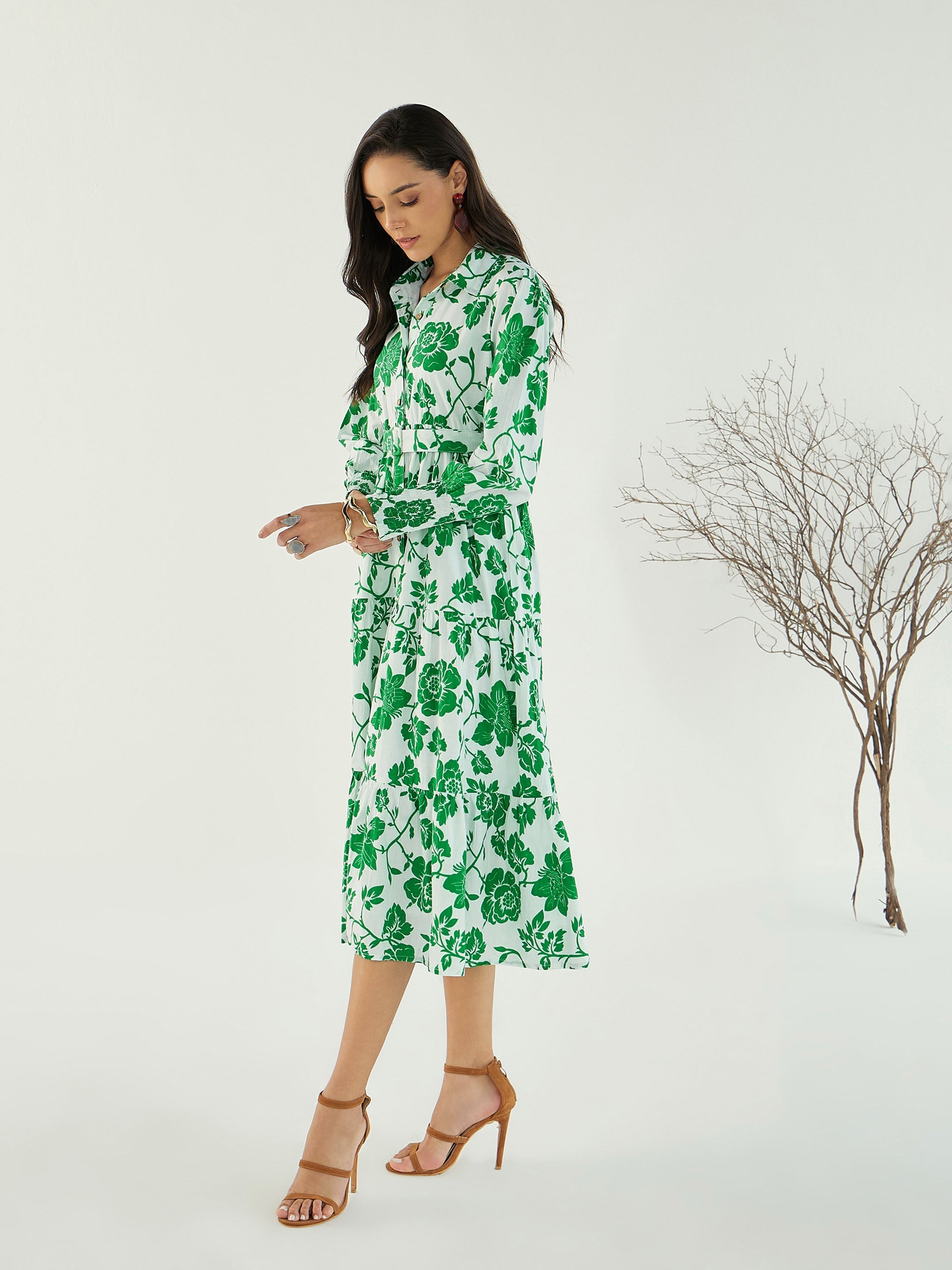 Women White & Green Floral Front-Button Midi Dress-SFDRSS12784