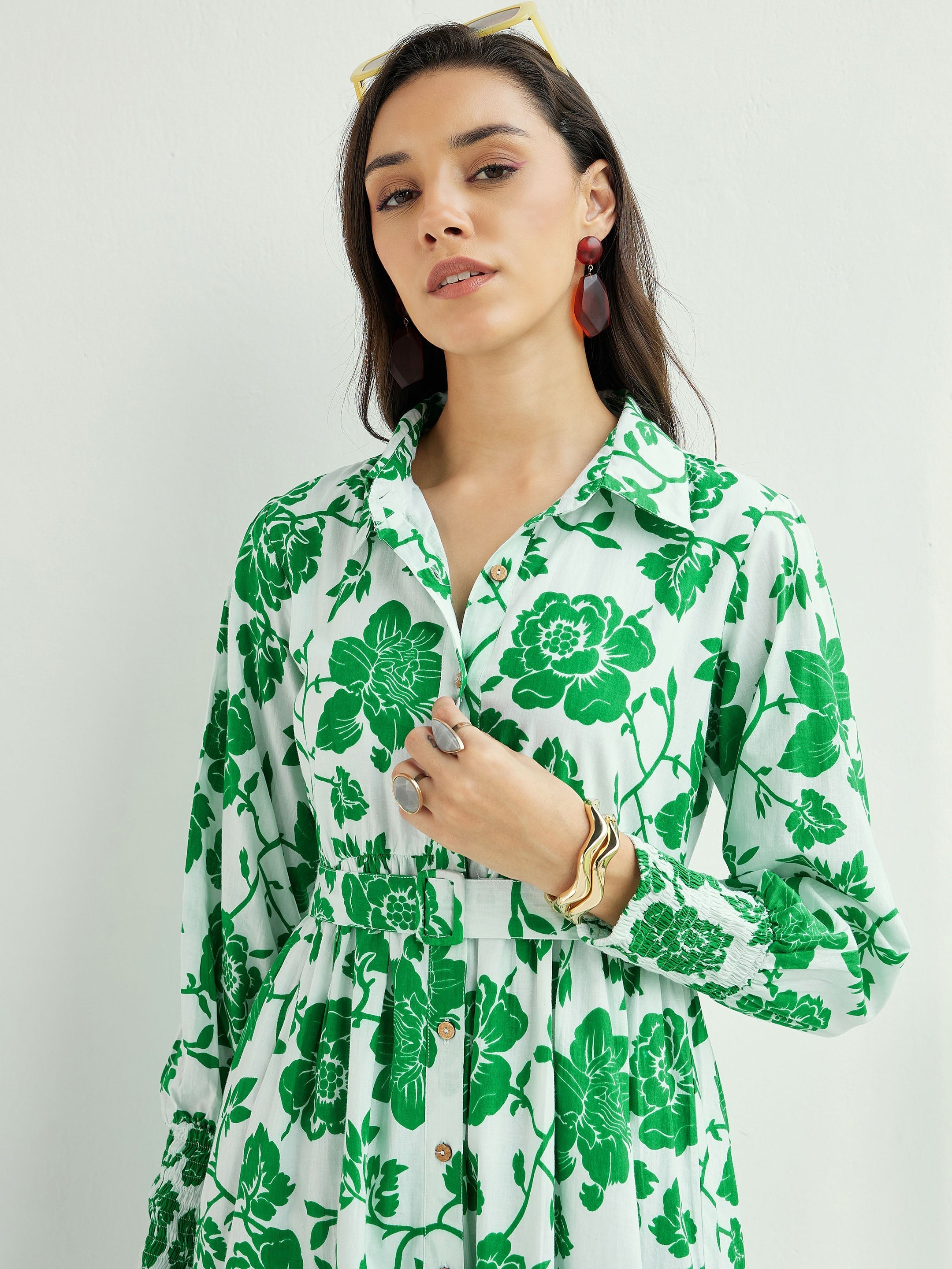 Women White & Green Floral Front-Button Midi Dress-SFDRSS12784