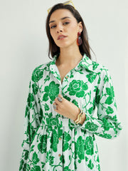 Women White & Green Floral Front-Button Midi Dress-SFDRSS12784