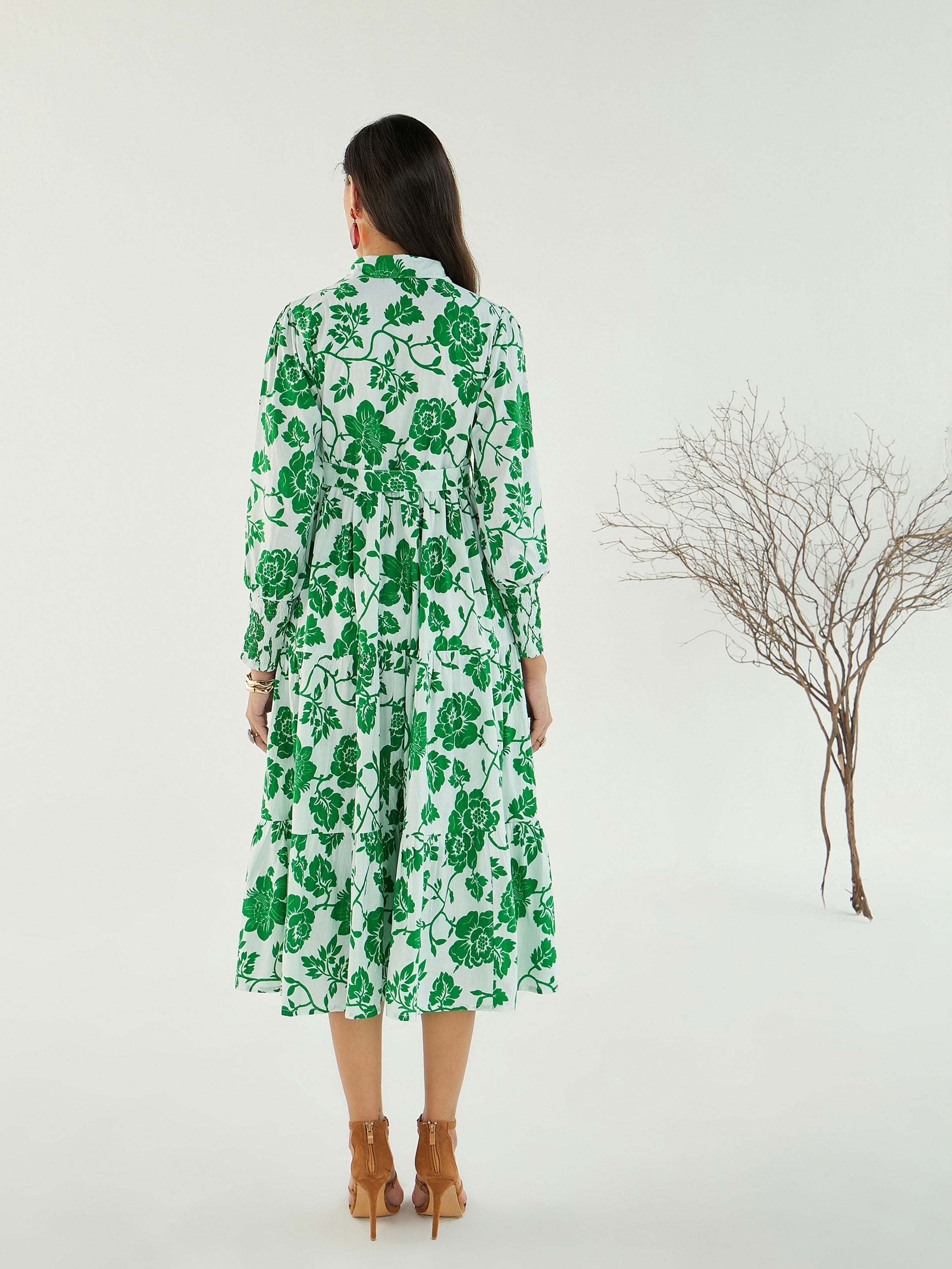 Women White & Green Floral Front-Button Midi Dress-SFDRSS12784