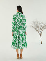 Women White & Green Floral Front-Button Midi Dress-SFDRSS12784