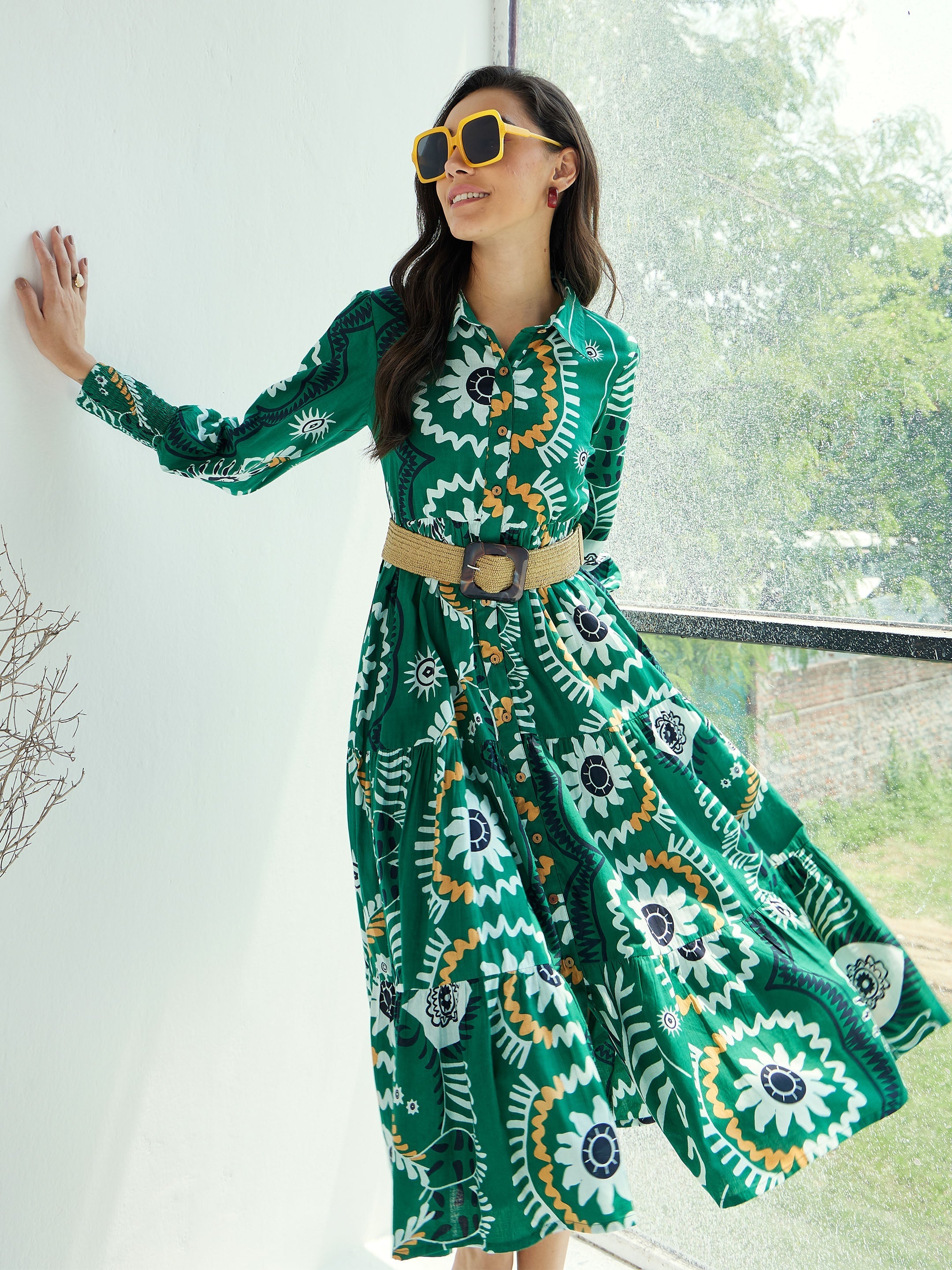 Women Green Floral Front-Button Midi Dress-SFDRSS12785