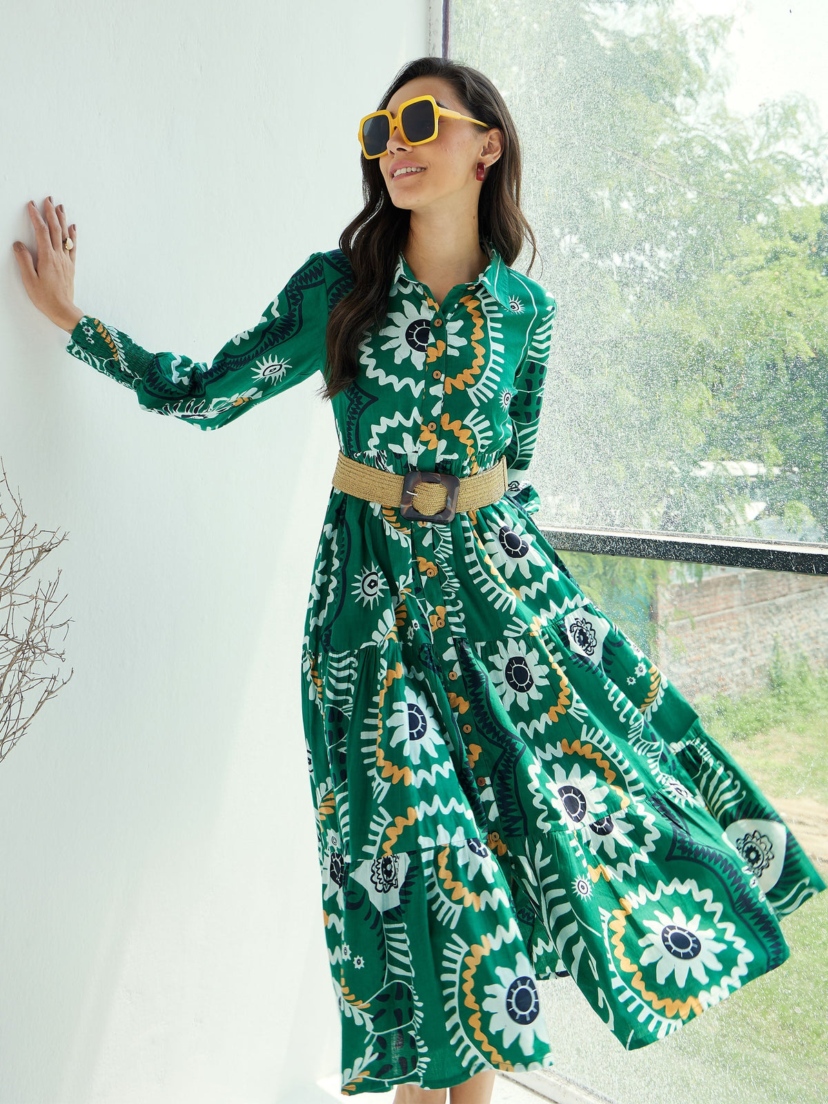 Women Green Floral Front-Button Midi Dress-SFDRSS12785