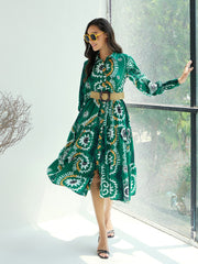 Women Green Floral Front-Button Midi Dress-SFDRSS12785