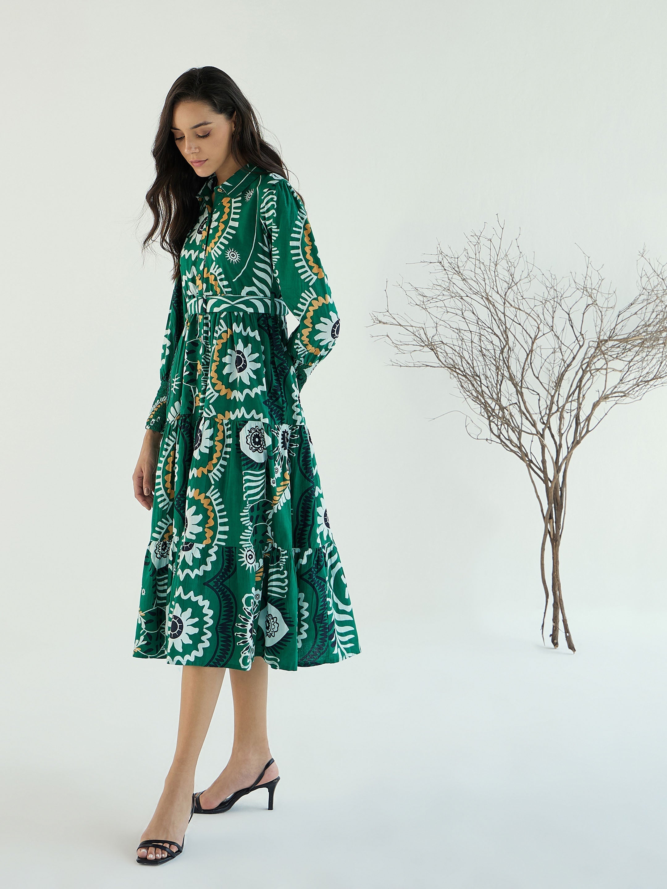 Women Green Floral Front-Button Midi Dress-SFDRSS12785