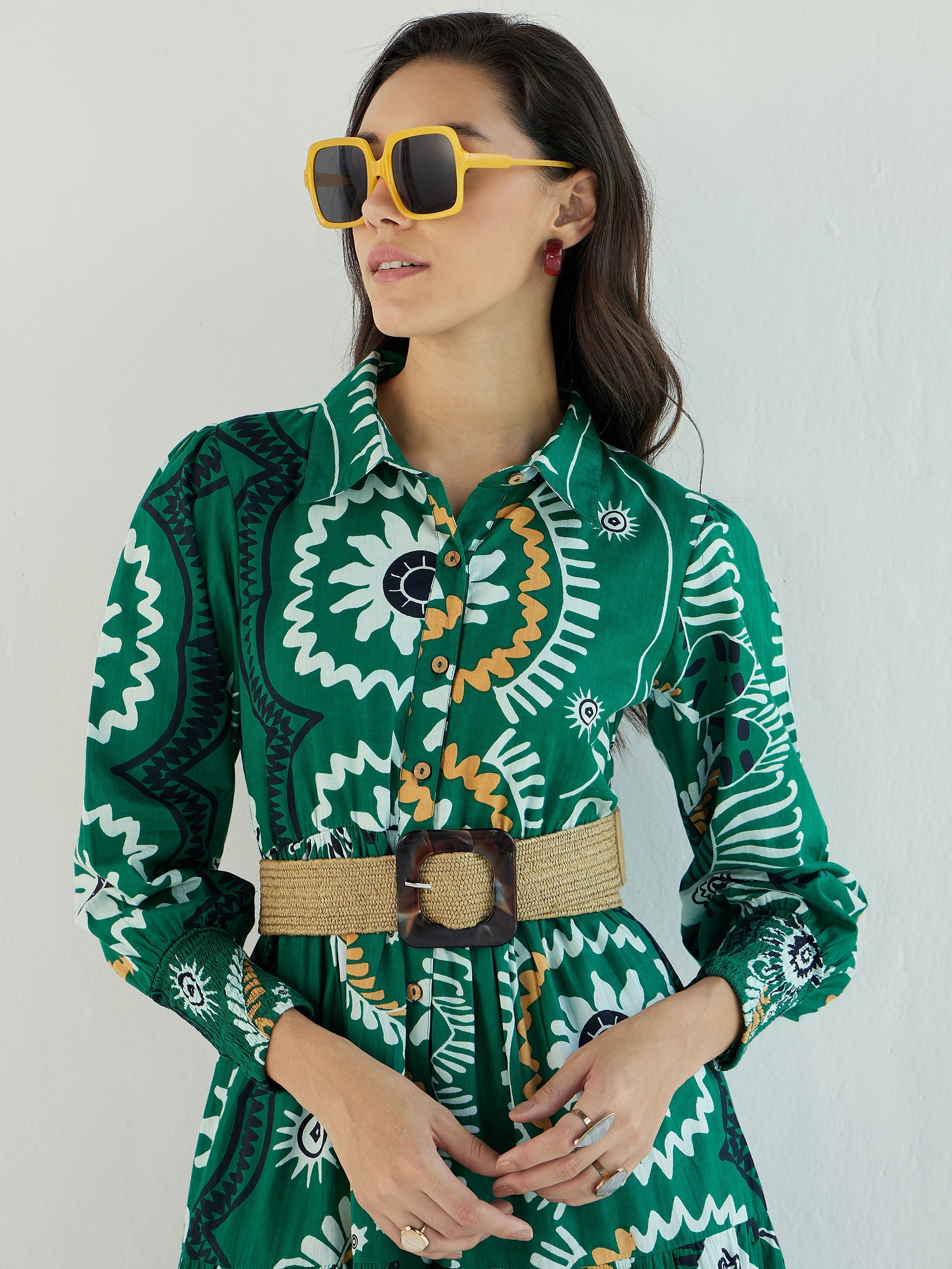Women Green Floral Front-Button Midi Dress-SFDRSS12785