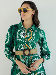 Women Green Floral Front-Button Midi Dress-SFDRSS12785