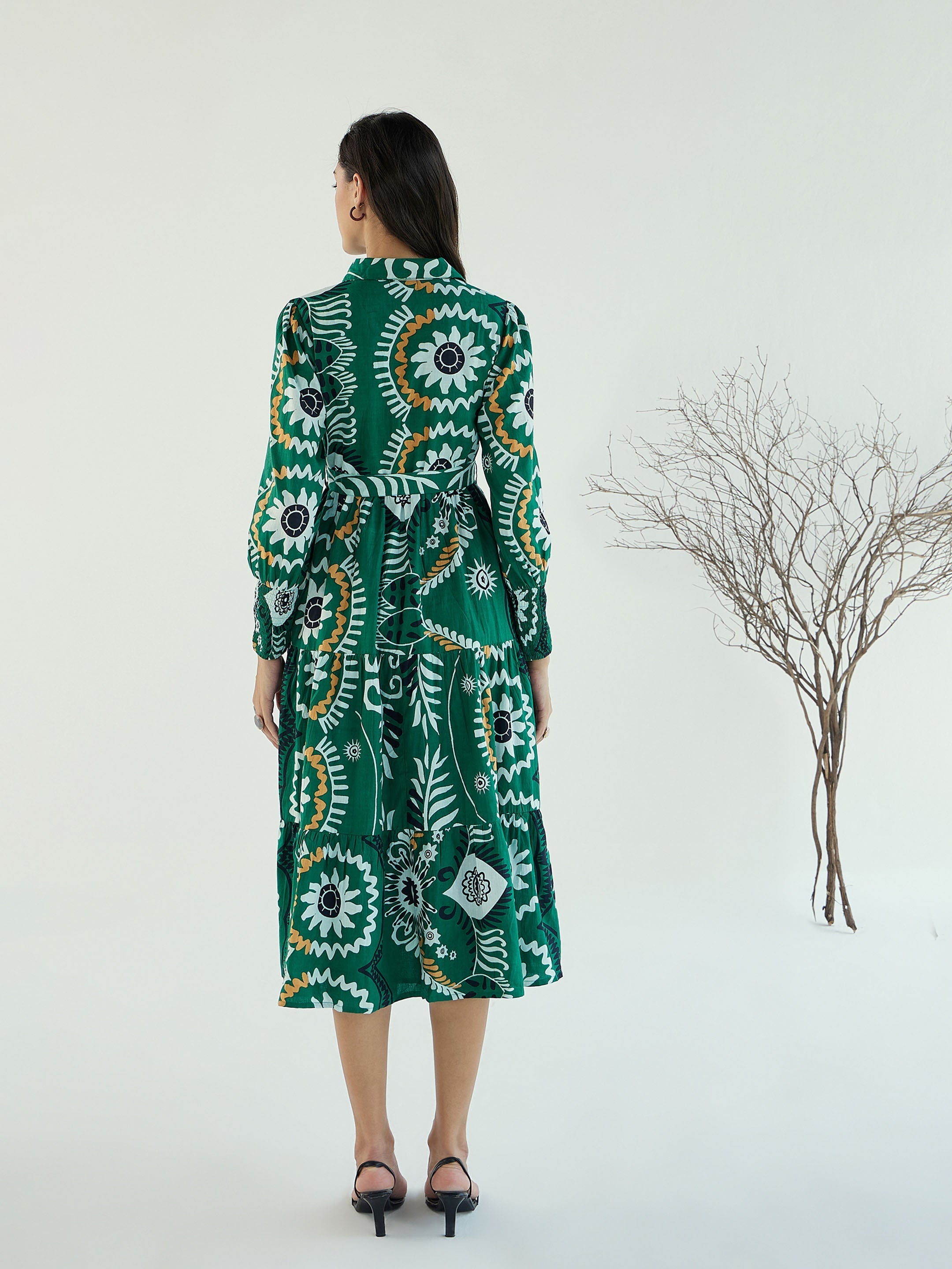 Women Green Floral Front-Button Midi Dress-SFDRSS12785