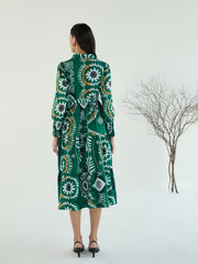 Women Green Floral Front-Button Midi Dress-SFDRSS12785