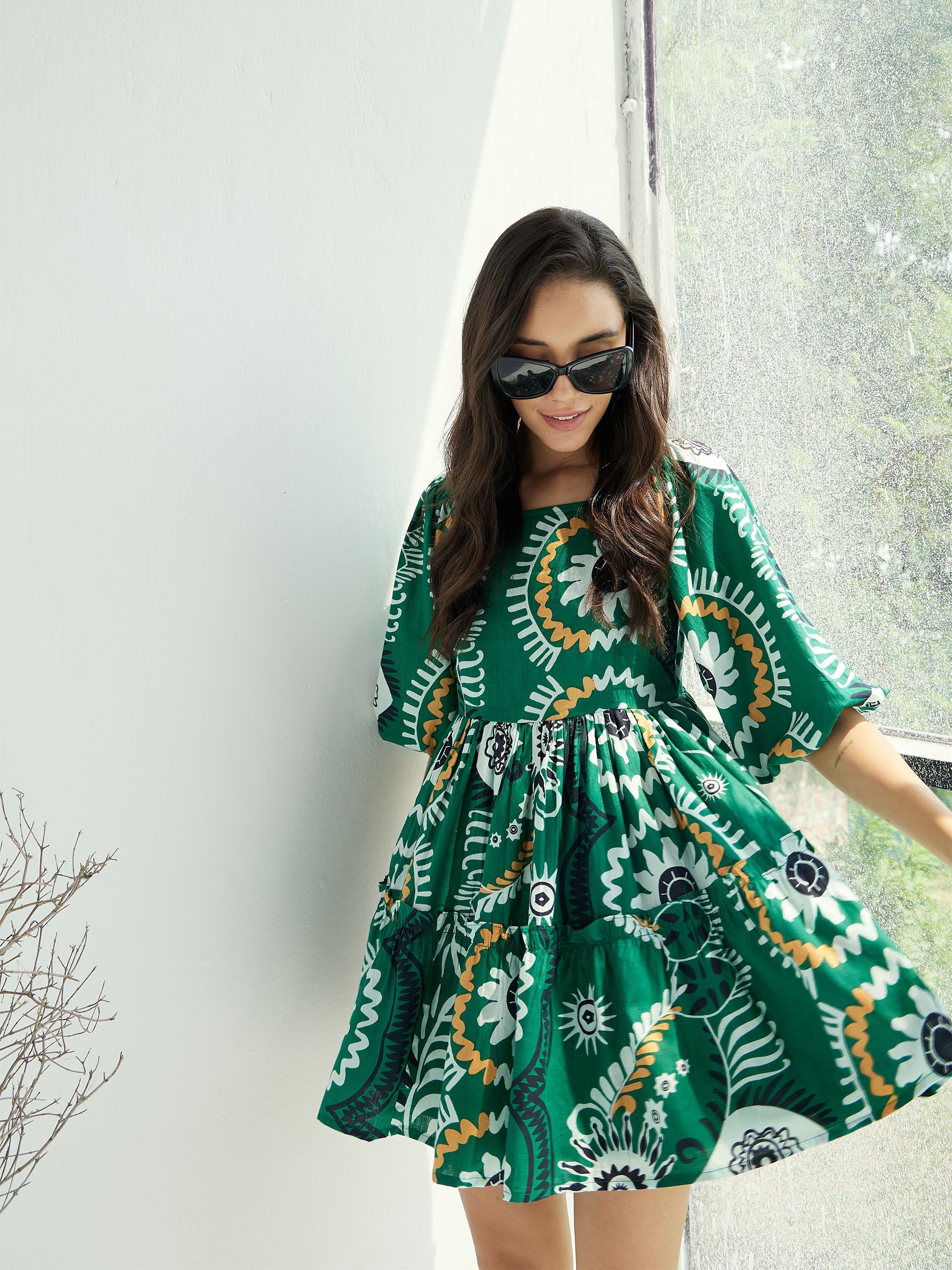 Women Green Floral Square-Neck Short Dress-SFDRSS12786
