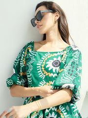 Women Green Floral Square-Neck Short Dress-SFDRSS12786