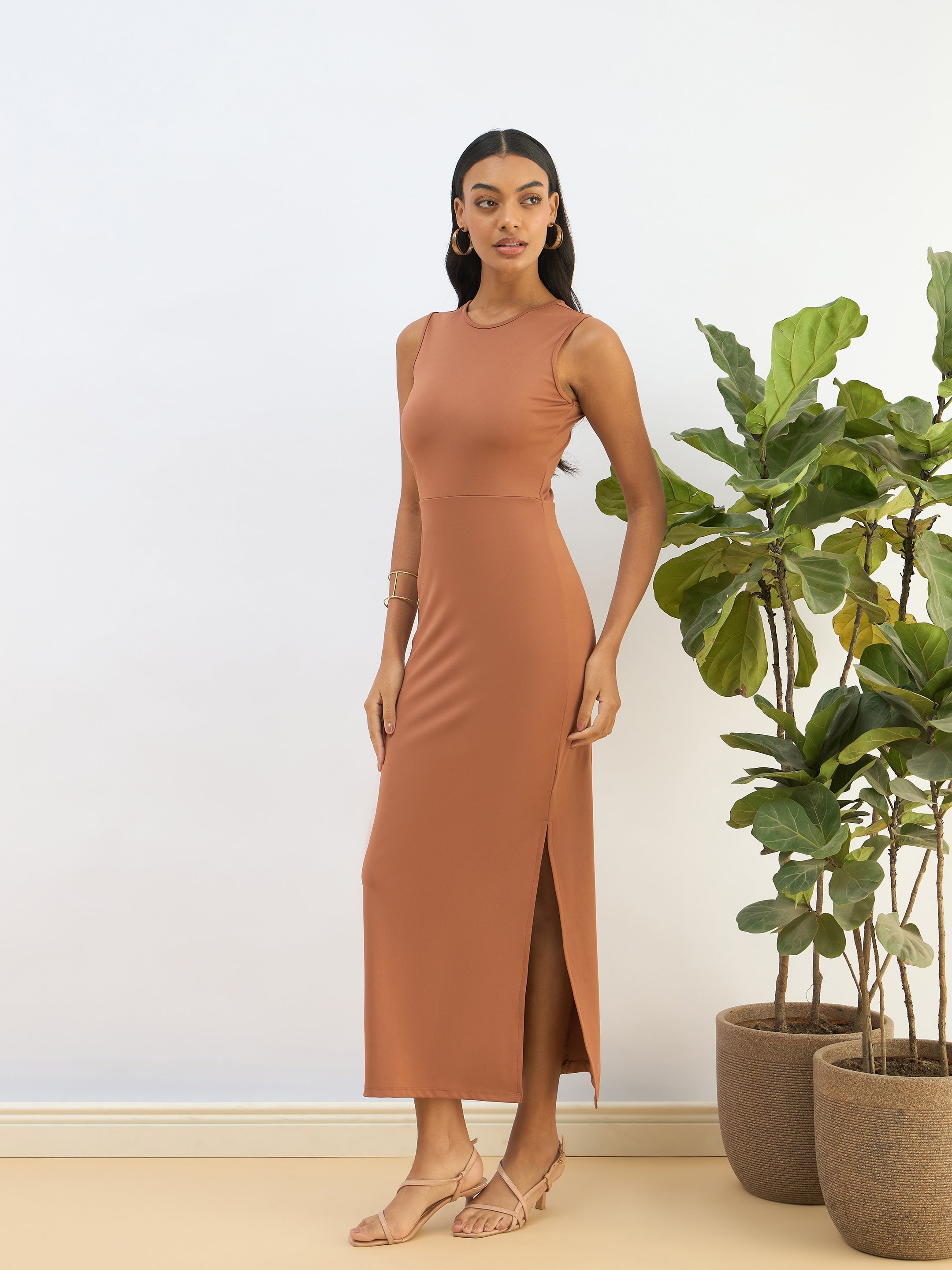 Women Rust Knitted Sleveeless Bodycon Midi Dress-SFDRSS12816