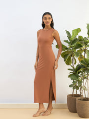 Women Rust Knitted Sleveeless Bodycon Midi Dress-SFDRSS12816