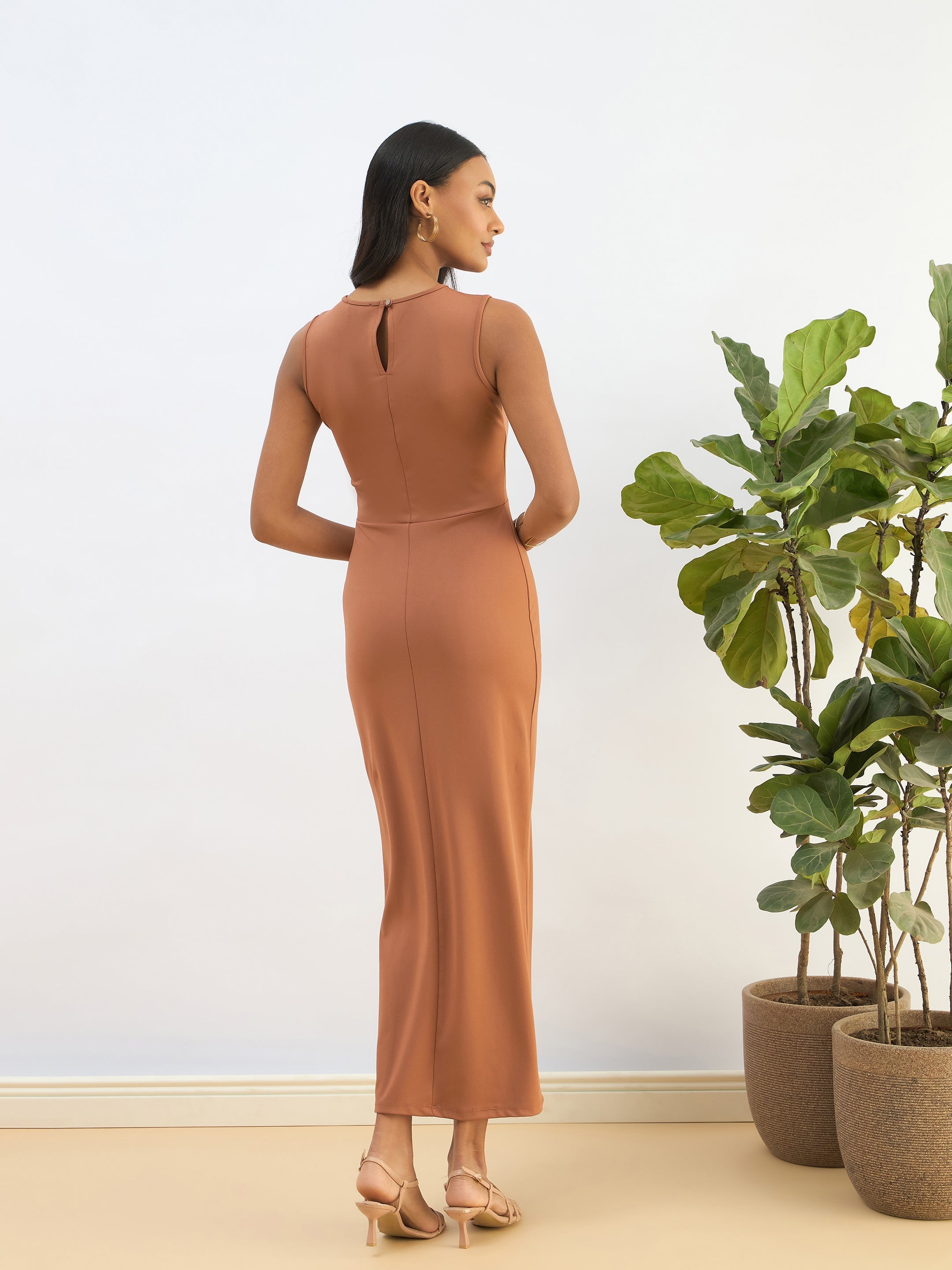 Women Rust Knitted Sleveeless Bodycon Midi Dress-SFDRSS12816