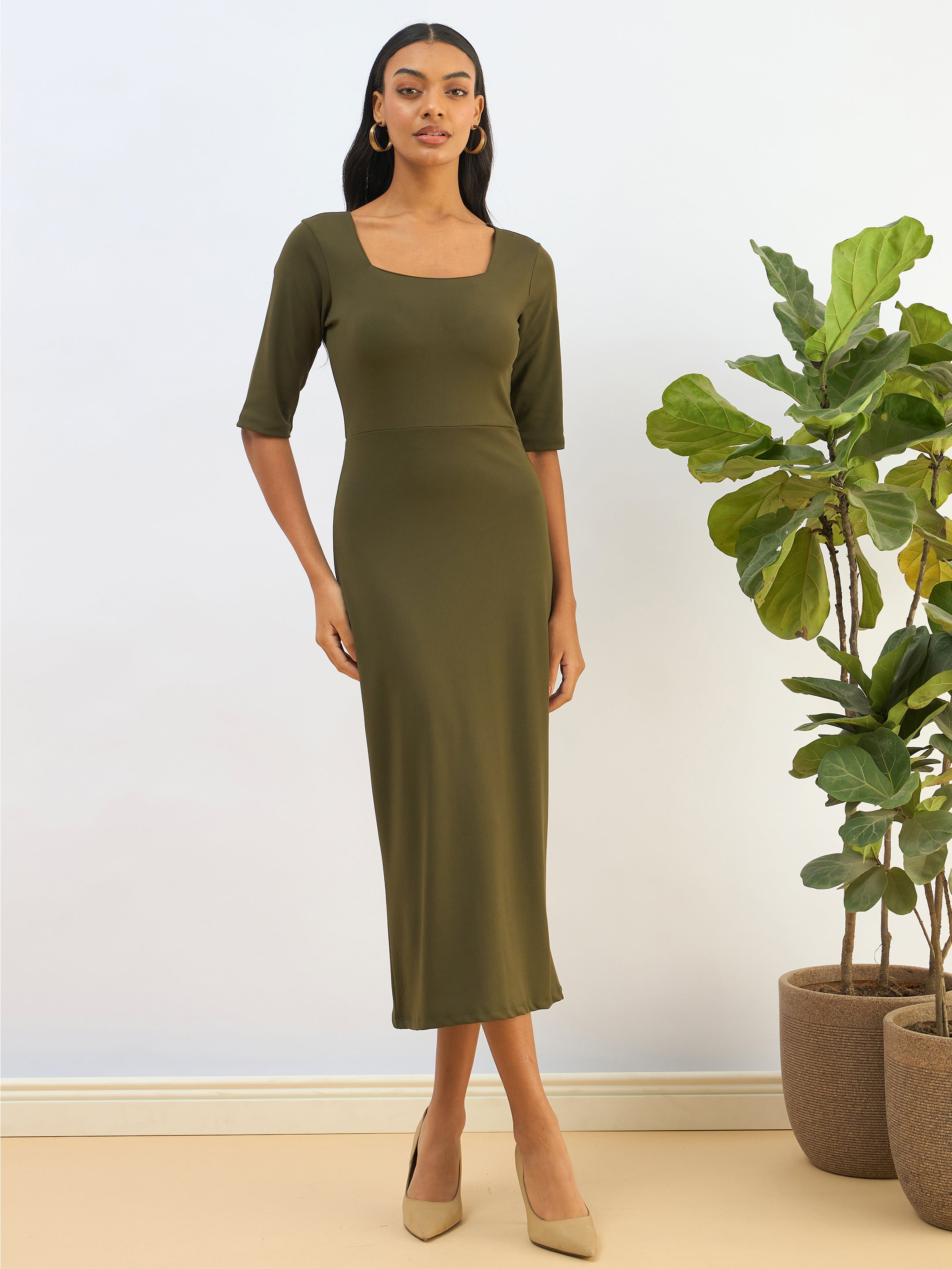 Women Olive Knitted Square Neck Bodycon Midi Dress-SFDRSS12818