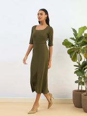 Women Olive Knitted Square Neck Bodycon Midi Dress-SFDRSS12818