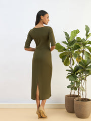 Women Olive Knitted Square Neck Bodycon Midi Dress-SFDRSS12818
