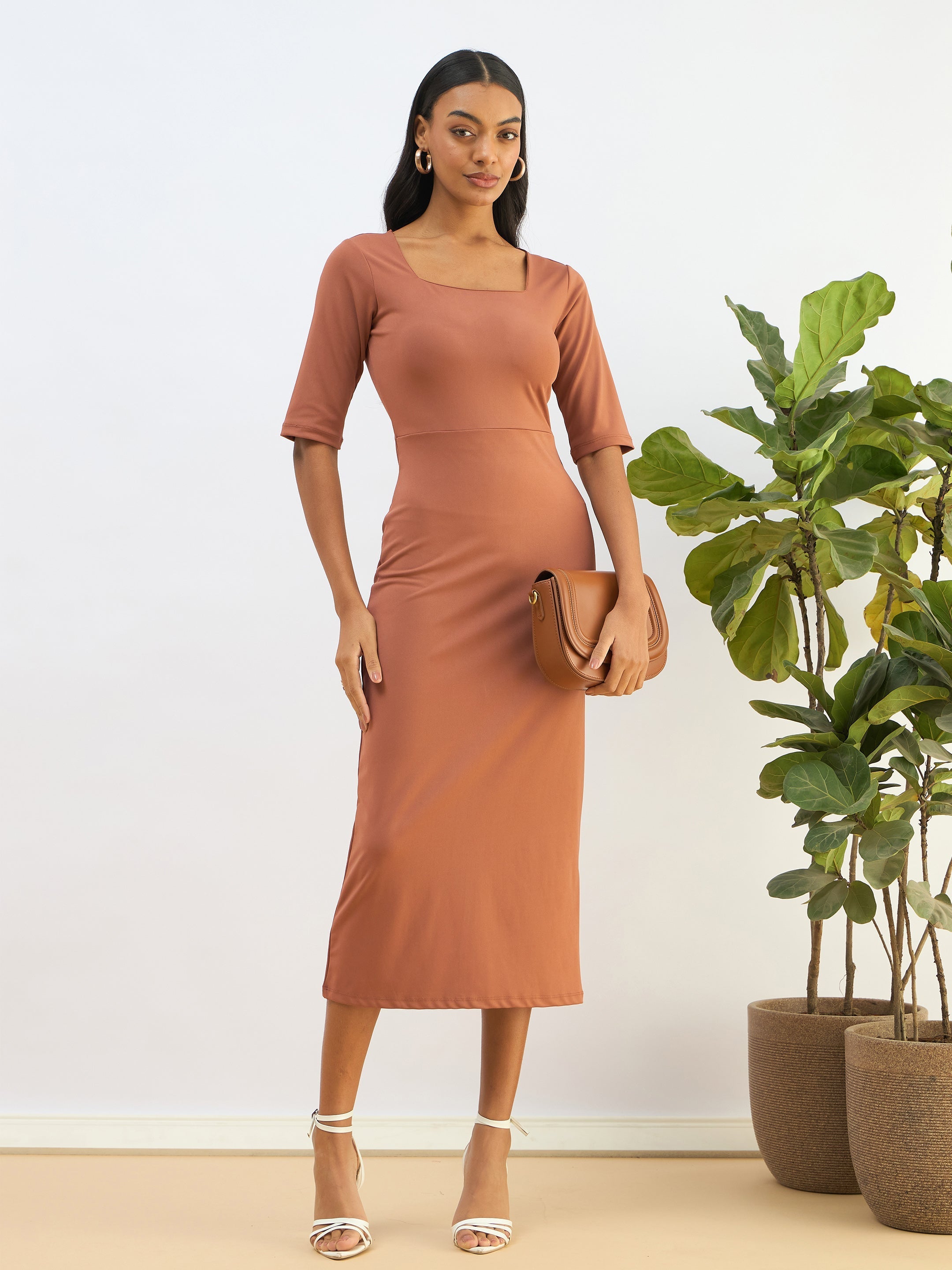 Women Rust Knitted Square Neck Bodycon Midi Dress-SFDRSS12819