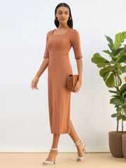 Women Rust Knitted Square Neck Bodycon Midi Dress-SFDRSS12819