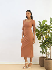 Women Rust Knitted Square Neck Bodycon Midi Dress-SFDRSS12819