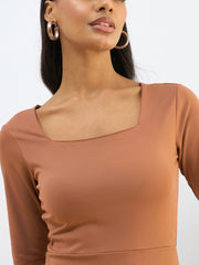 Women Rust Knitted Square Neck Bodycon Midi Dress-SFDRSS12819