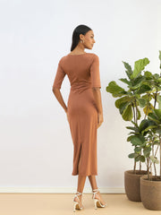 Women Rust Knitted Square Neck Bodycon Midi Dress-SFDRSS12819