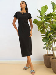 Women Black Ribbed V-Neck Back Slit Midi Dress-SFDRSS12826