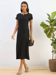 Women Black Ribbed V-Neck Back Slit Midi Dress-SFDRSS12826