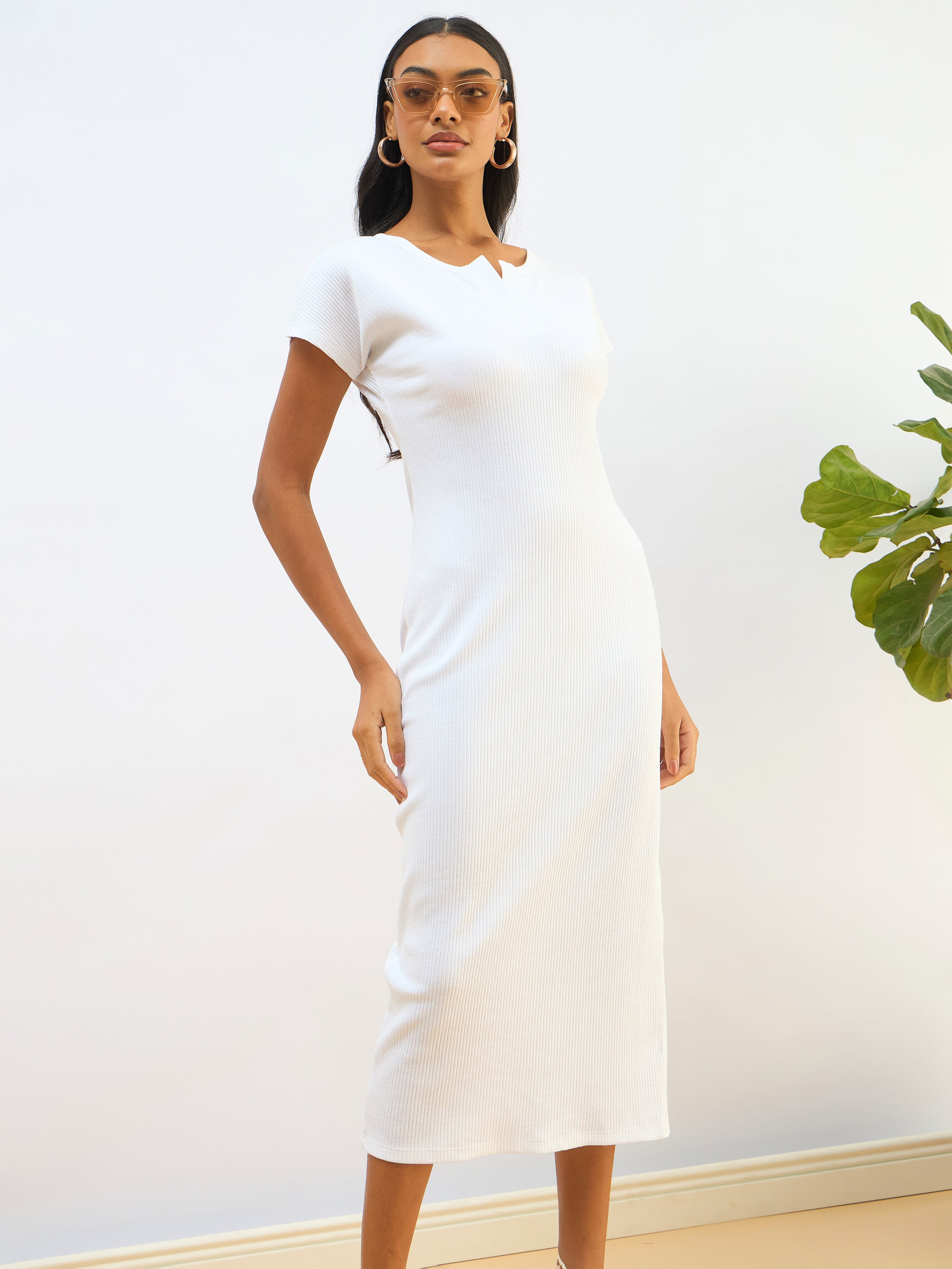 Women White Ribbed V-Neck Back Slit Midi Dress-SFDRSS12827