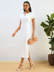 Women White Ribbed V-Neck Back Slit Midi Dress-SFDRSS12827