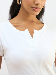 Women White Ribbed V-Neck Back Slit Midi Dress-SFDRSS12827