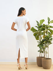 Women White Ribbed V-Neck Back Slit Midi Dress-SFDRSS12827