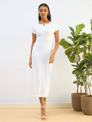 Women White Ribbed V-Neck Back Slit Midi Dress-SFDRSS12827