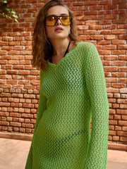 Women Neon Green Crochet V-Neck Full Sleeve Short Beach Dress-SFDRSS12832