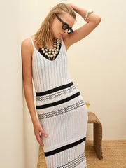 Women White & Black Crochet Variegated Stripes Strappy Beach Maxi-SFDRSS12834