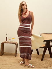 Women Brown & White Crochet Variegated Stripes Strappy Beach Maxi-SFDRSS12836