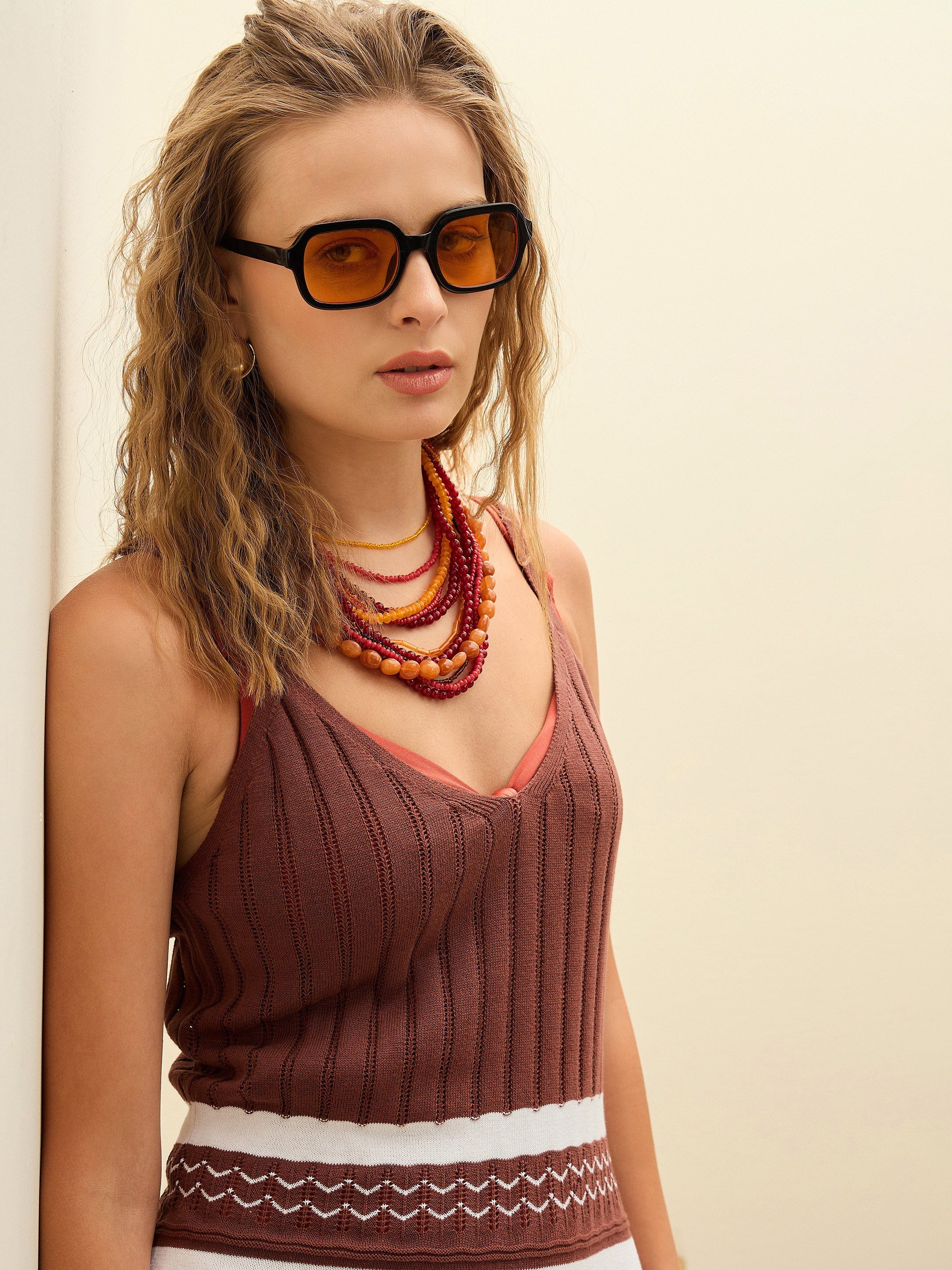 Women Brown & White Crochet Variegated Stripes Strappy Beach Maxi-SFDRSS12836