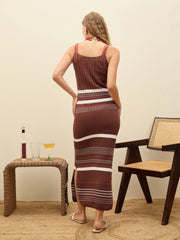Women Brown & White Crochet Variegated Stripes Strappy Beach Maxi-SFDRSS12836