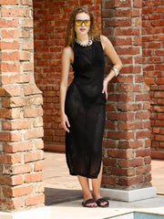 Women Black Crochet Round Neck Sleeveless Beach Maxi-SFDRSS12840